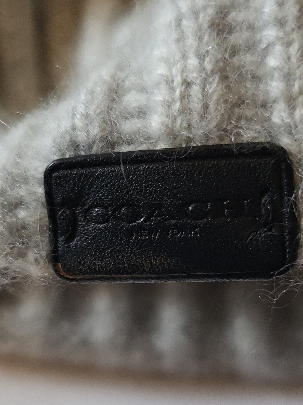 Coach Men's Knit Beanie with Black Leather Logo Patch - Light Gray